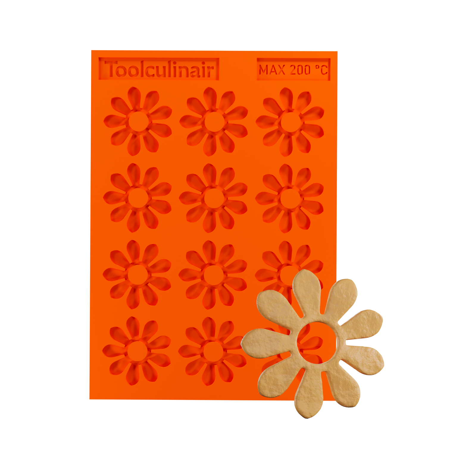 Photo of the Enneaflower food safe silicone tuile mold with a matching tuile cookie, showcasing elegant nine-petal floral design ideal for sweet and savory pastry decorations.