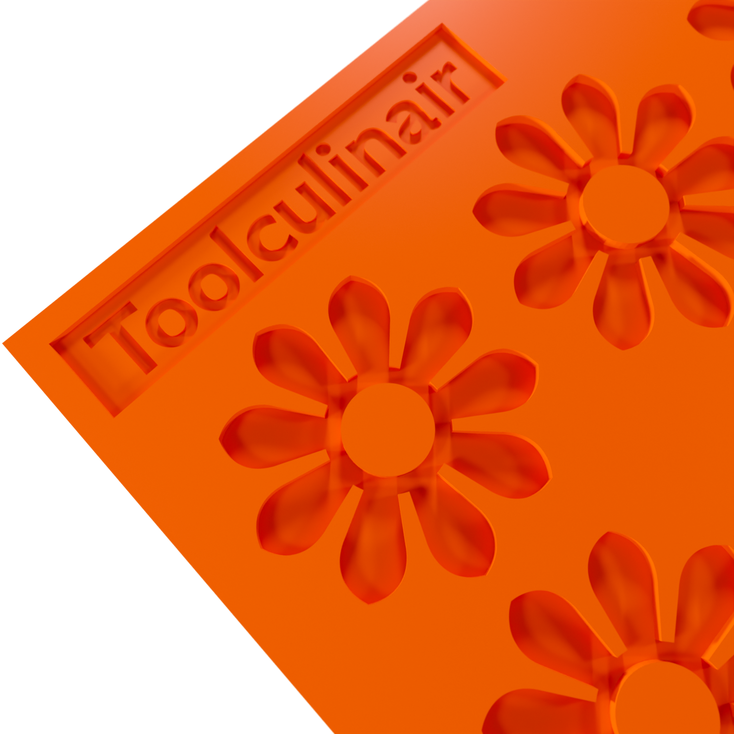 Close up photo of the Enneaflower food safe silicone tuile mold, highlighting detailed nine-petal floral design and flexible material perfect for delicate pastry creations.