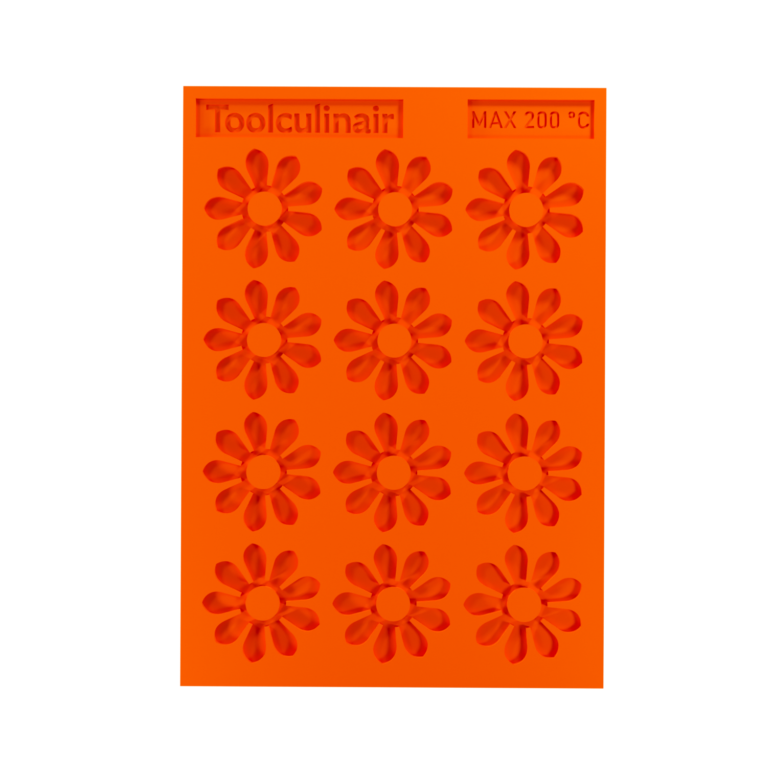 Top view of the Enneaflower food safe silicone tuile mold, featuring intricate nine-petal floral cavities ideal for crafting elegant sweet and savory pastry decorations.