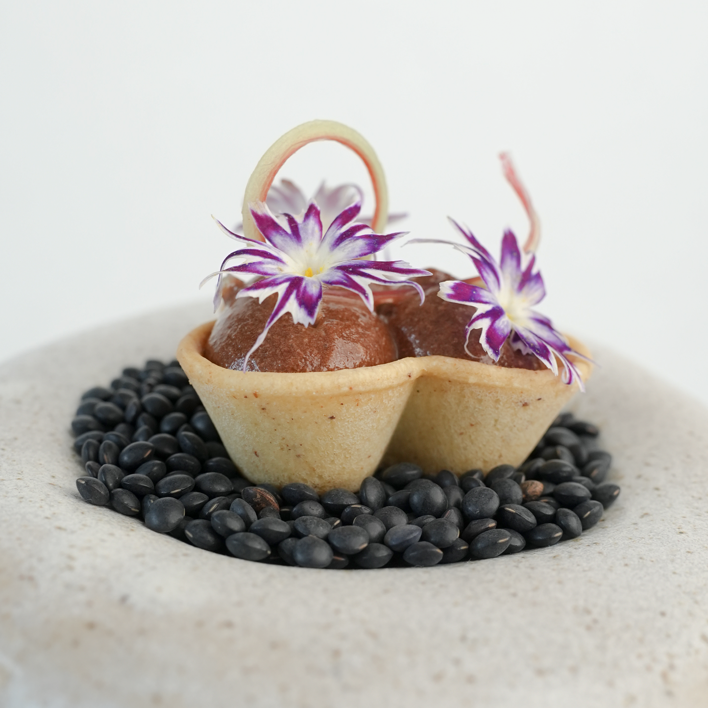 Photo of a tartelette dessert made using the Flora food safe silicone mold, filled with chocolate mousse and topped with fresh rhubarb, showcasing elegant and delicious pastry presentation.