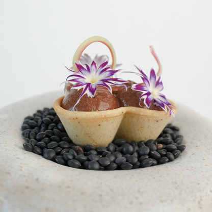 Photo of a tartelette dessert made using the Flora food safe silicone mold, filled with chocolate mousse and topped with fresh rhubarb, showcasing elegant and delicious pastry presentation.