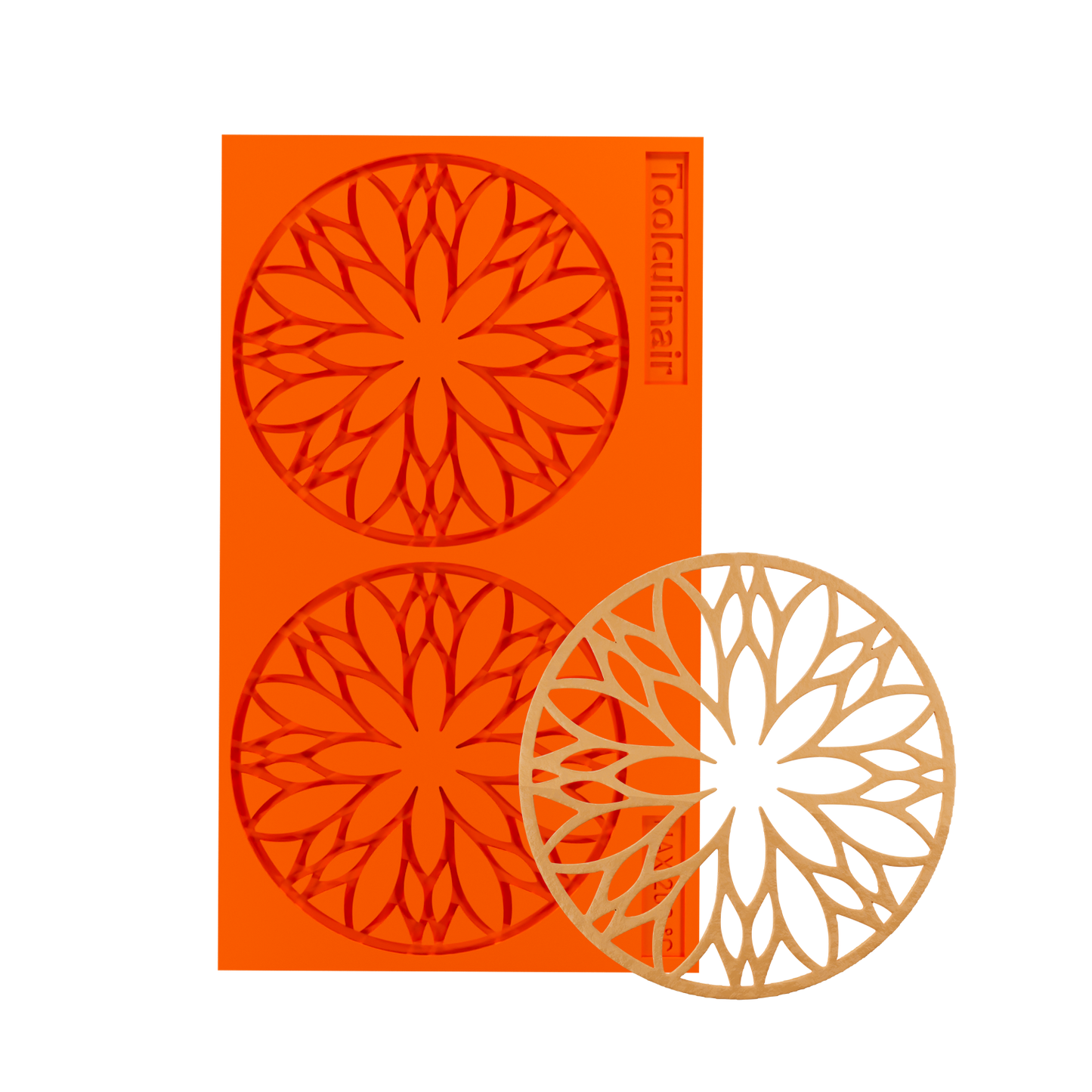 Food-safe Florentis silicone tuile mold alongside a delicate baked tuile cookie – perfect for creating elegant, crispy garnishes used in professional pastry and dessert plating