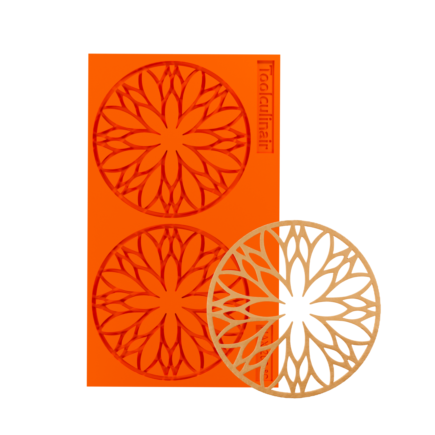 Food-safe Florentis silicone tuile mold alongside a delicate baked tuile cookie – perfect for creating elegant, crispy garnishes used in professional pastry and dessert plating