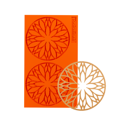 Food-safe Florentis silicone tuile mold alongside a delicate baked tuile cookie – perfect for creating elegant, crispy garnishes used in professional pastry and dessert plating