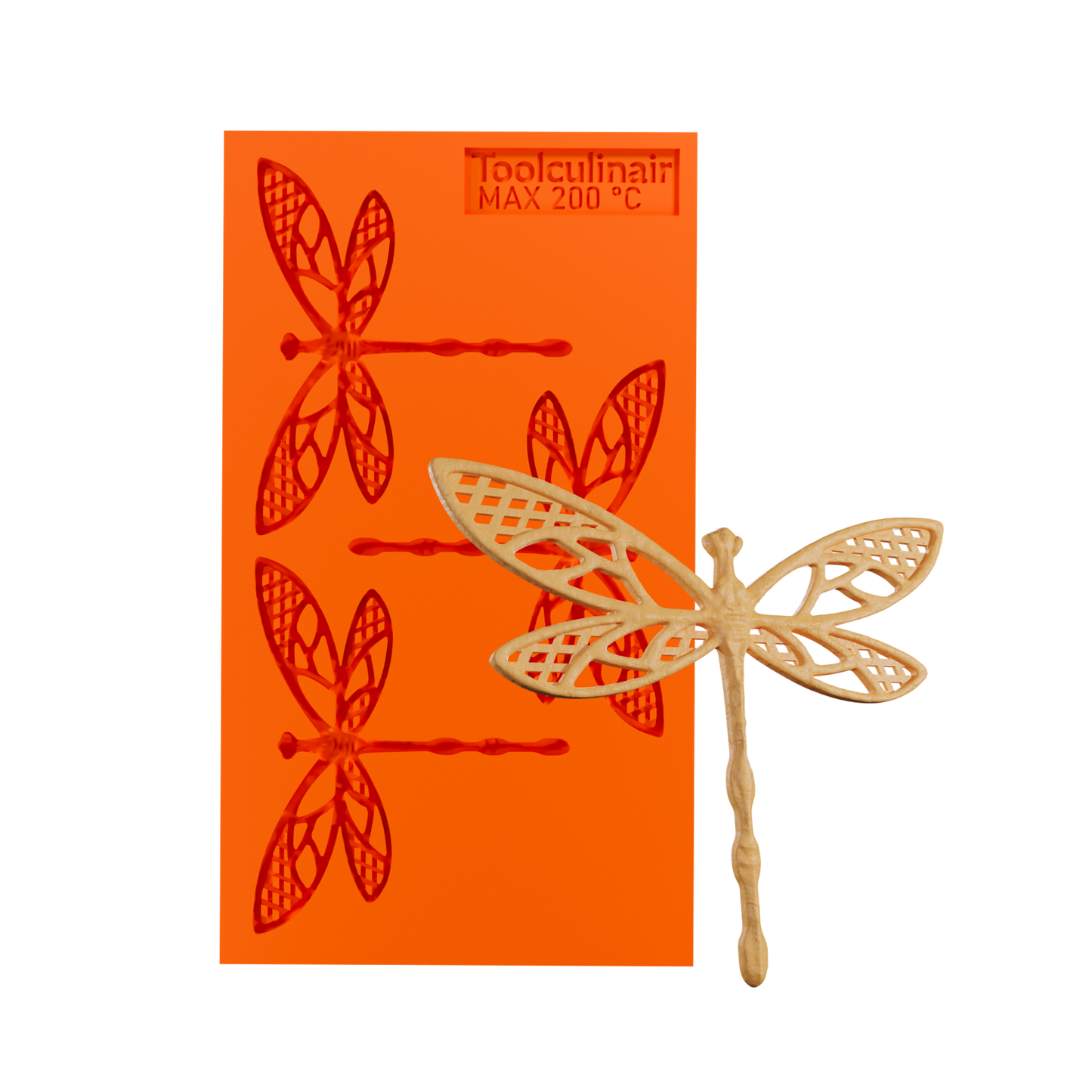 Photo of the Flydraze food safe silicone tuile mold alongside a highly detailed tuile cookie resembling a realistic dragonfly, perfect for intricate sweet and savory pastry decorations.
