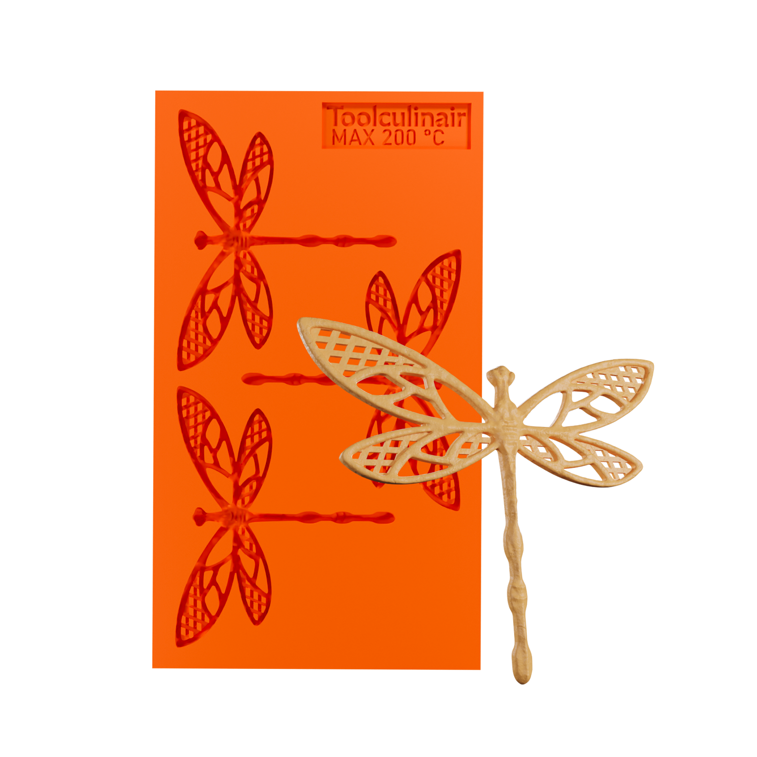 Photo of the Flydraze food safe silicone tuile mold alongside a highly detailed tuile cookie resembling a realistic dragonfly, perfect for intricate sweet and savory pastry decorations.