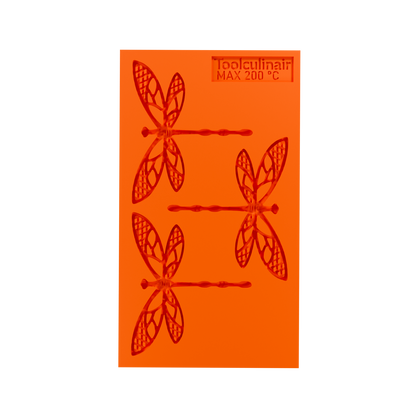 op view of the Flydraze food safe silicone tuile mold, showcasing detailed dragonfly design ideal for creating delicate sweet and savory pastry decorations.
