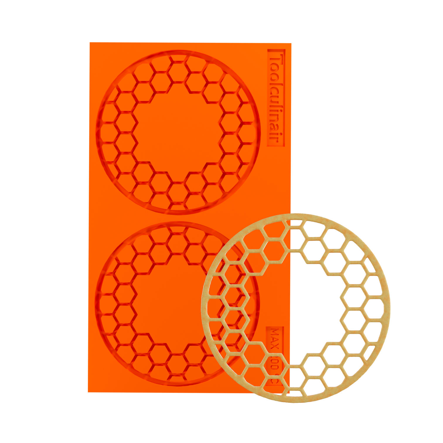 Photo of the Hiveorb food safe silicone tuile mold with a matching tuile cookie, showcasing a unique honeycomb design ideal for sweet and savory pastry decorations.