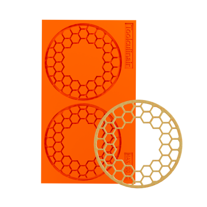 Photo of the Hiveorb food safe silicone tuile mold with a matching tuile cookie, showcasing a unique honeycomb design ideal for sweet and savory pastry decorations.