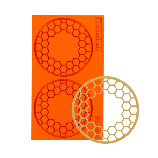 Photo of the Hiveorb food safe silicone tuile mold with a matching tuile cookie, showcasing a unique honeycomb design ideal for sweet and savory pastry decorations.