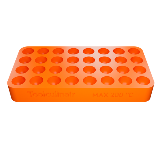 Front view 3D render of an orange Mini Cone silicone mold with Toolculinair logo and 200°C temperature marking, shown in detailed product visualization.
