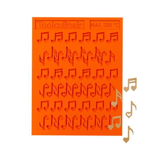 Toolculinair Mini Heart Notes heart silicone tuile mold with chocolate tuiles top view (digital render)