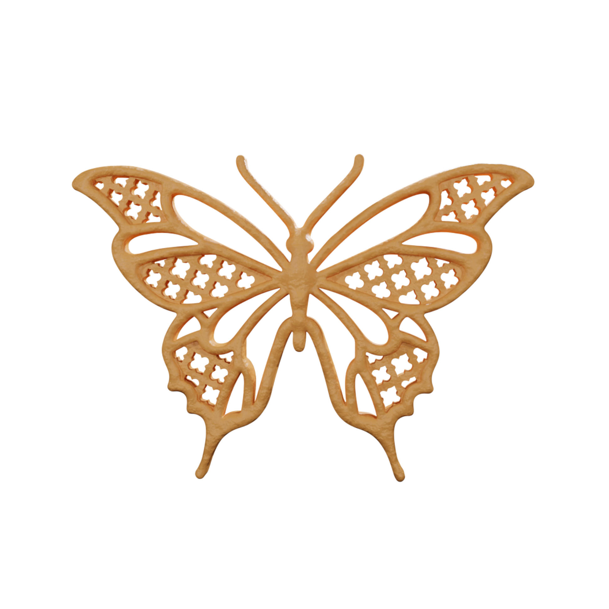 3D render of a multilayer butterfly-shaped tuile design, showing detailed layered wing structure and patterns in a fine dining pastry form.