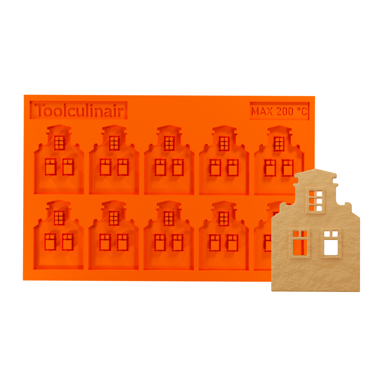 Front side view of the Neck Gable food safe silicone tuile mold designed to create precise Dutch canal house shaped tuiles for elegant pastry decoration and refined dessert plating.