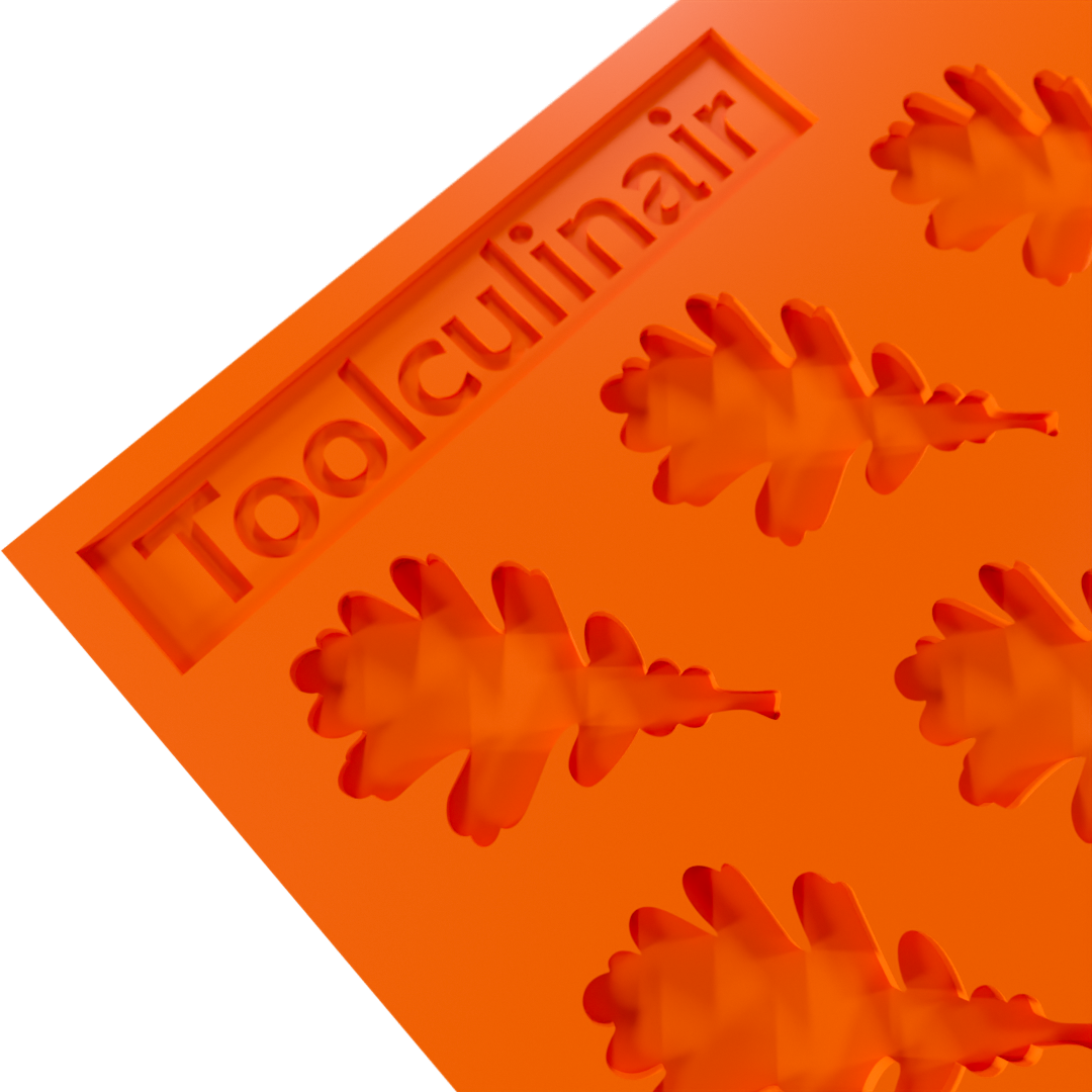 Detailed close-up of food-safe oak leaf silicone tuile mold for making tuile cookies.
