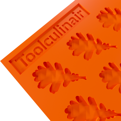 Detailed close-up of food-safe oak leaf silicone tuile mold for making tuile cookies.