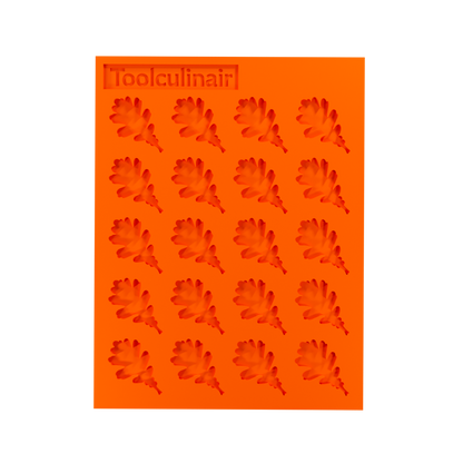 Overhead view of food-safe oak leaf silicone tuile mold for creating tuile cookies and pastries