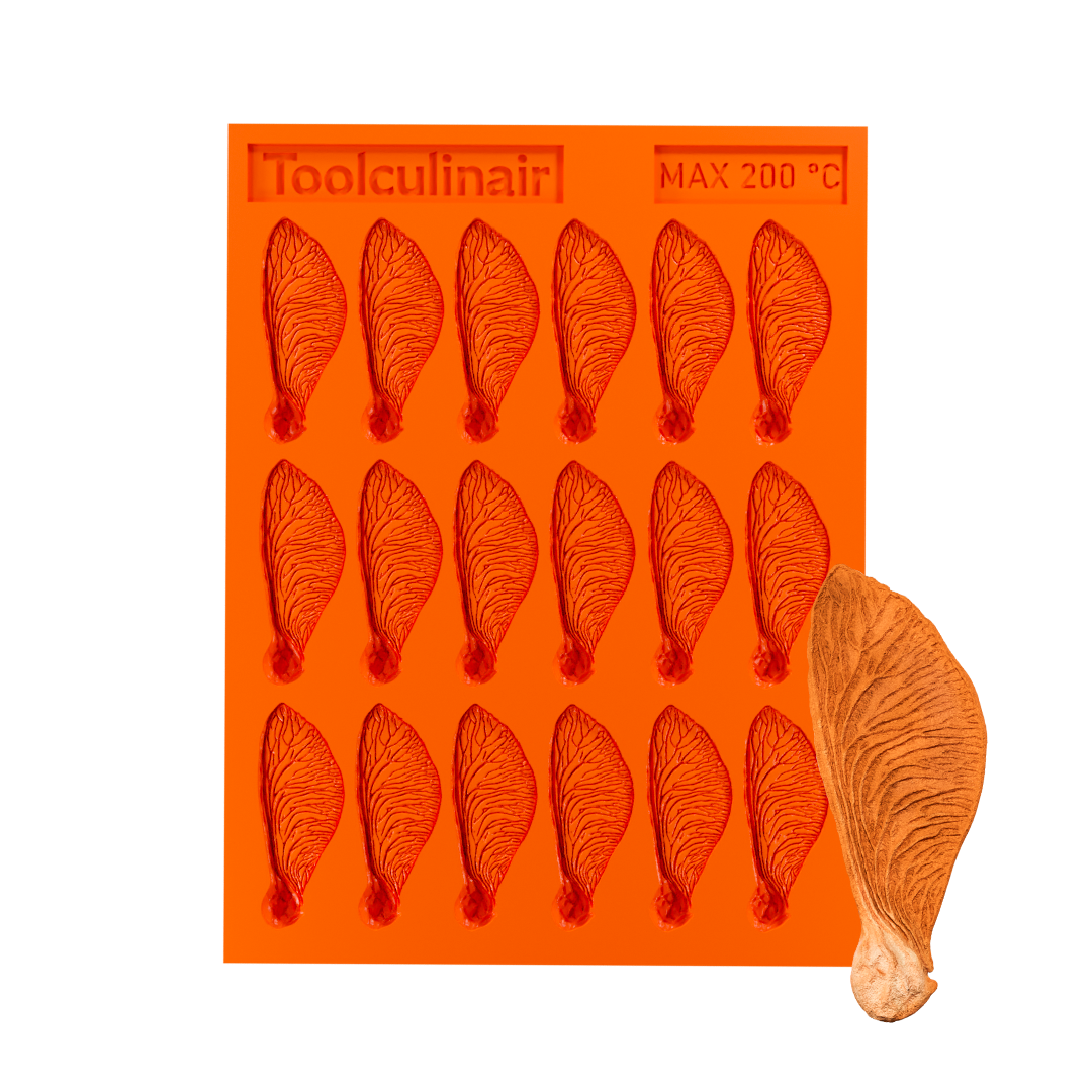 Samara silicone tuile mold alongside a perfectly baked winged tuile cookie, inspired by the helicopter seed, ideal for elegant dessert presentation.