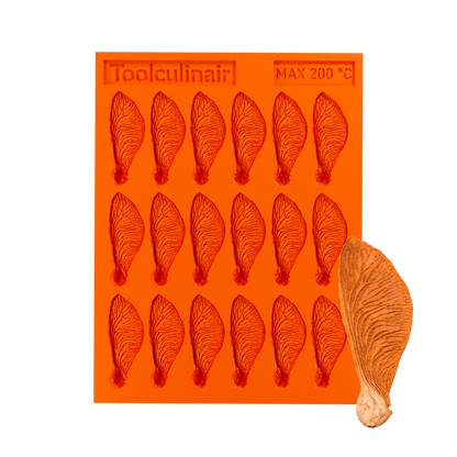 Samara silicone tuile mold alongside a perfectly baked winged tuile cookie, inspired by the helicopter seed, ideal for elegant dessert presentation.