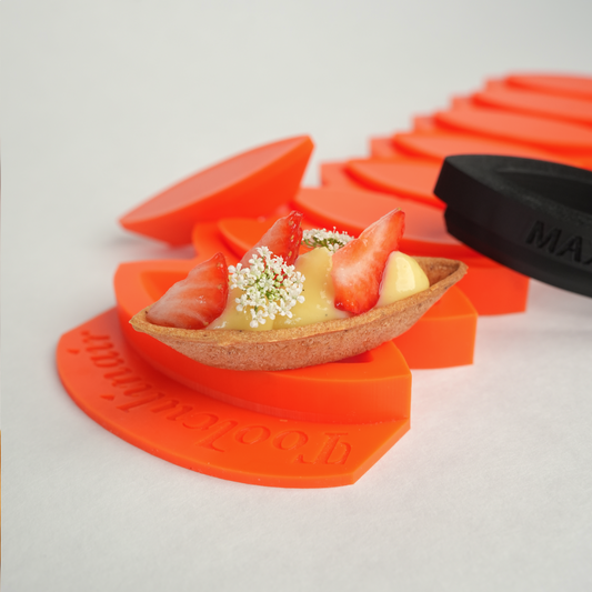Complete view photo of the Sculptura food safe silicone tartelette mold, designed for crafting elegant and detailed pastry shells suitable for sweet and savory creations.