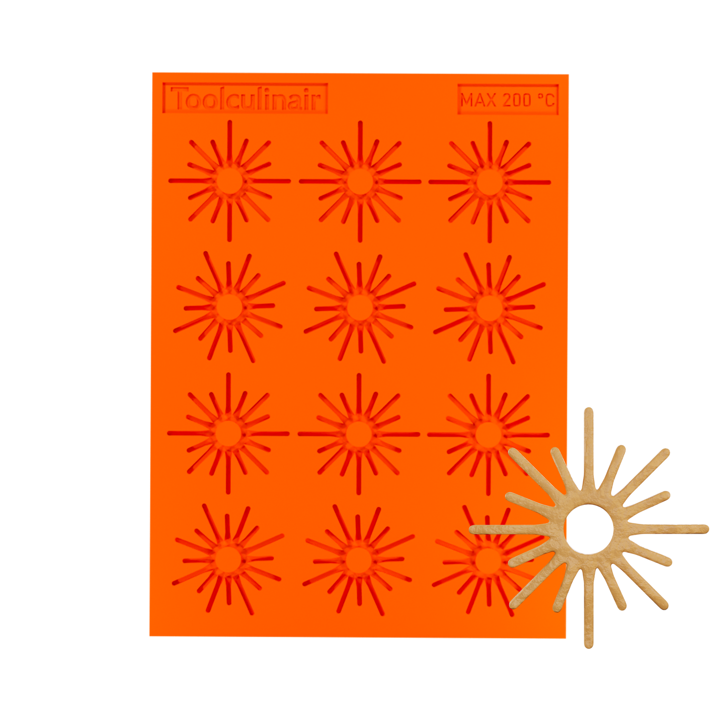 Top view 3D render of a small Solar silicone tuile mold, with a sample solar-shaped tuile visible in the bottom right corner of the mold.