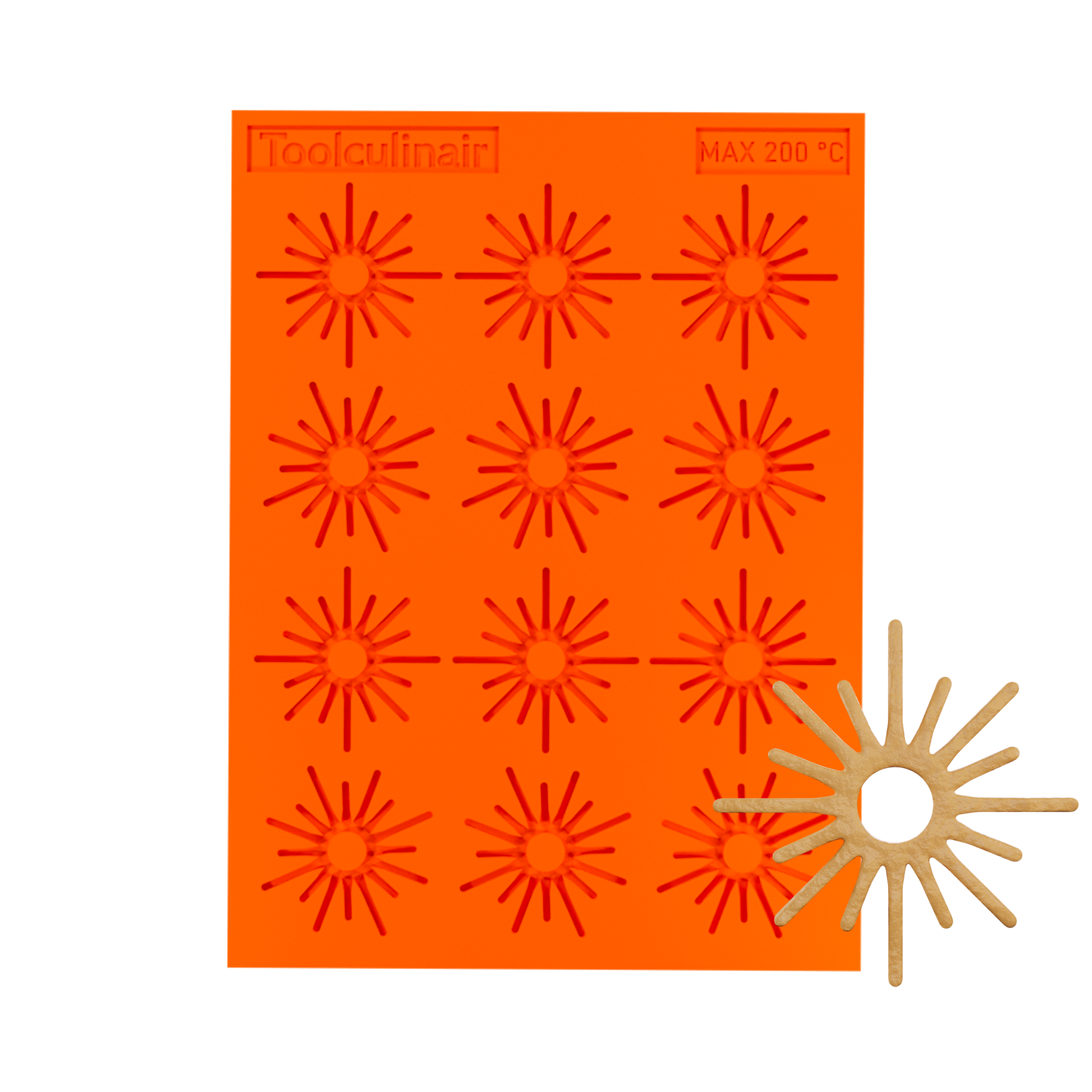 Top view 3D render of a small Solar silicone tuile mold, with a sample solar-shaped tuile visible in the bottom right corner of the mold.