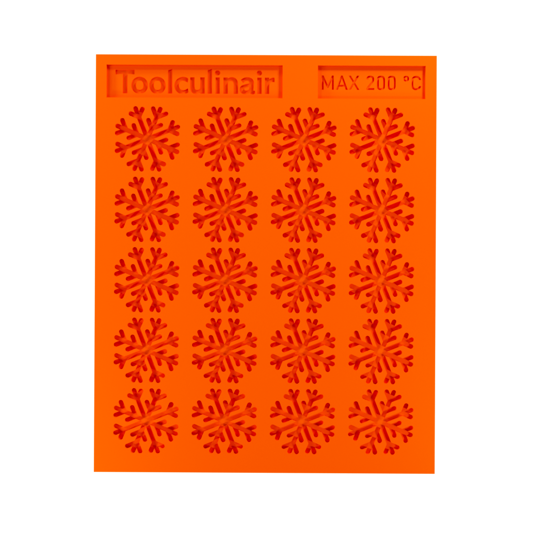 Top view of a snowflake silicone tuile mold, ideal for creating decorative cookies and pastries with intricate designs