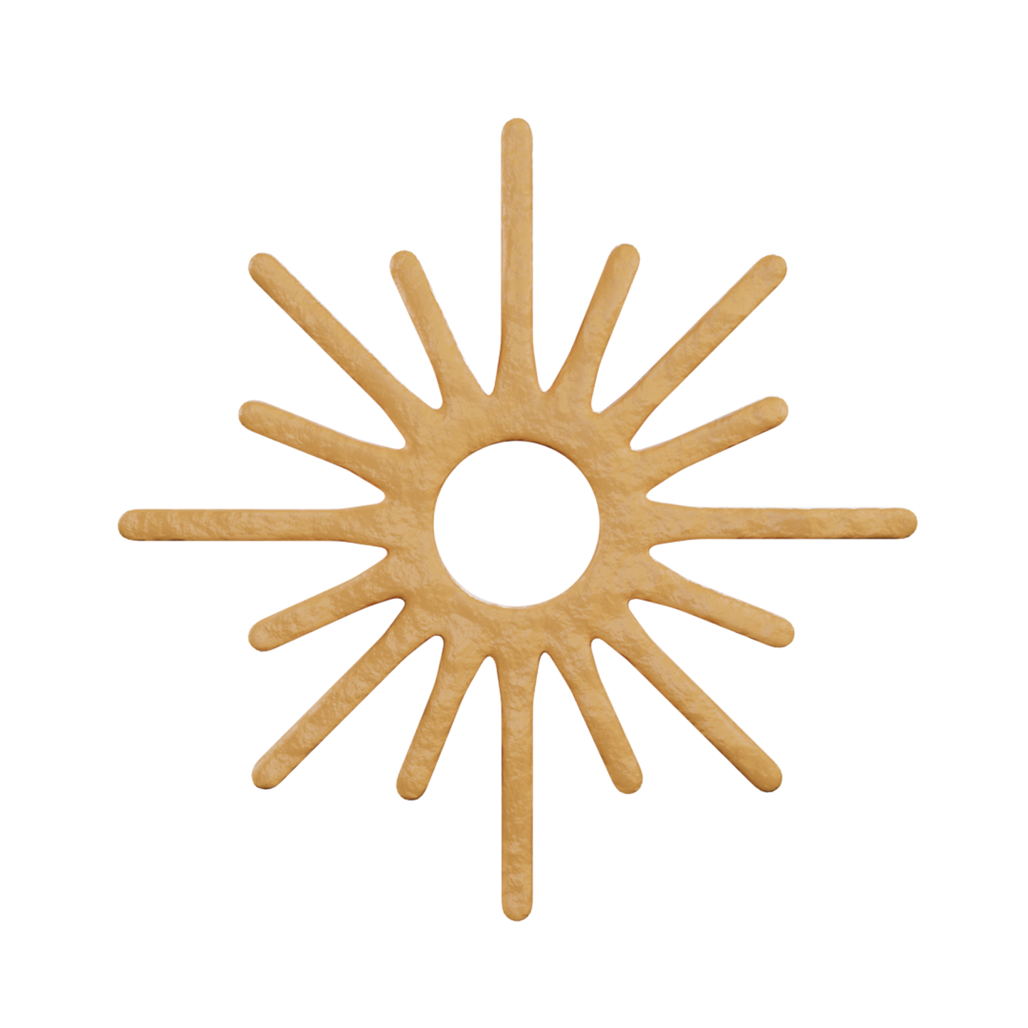 3D render of a baked golden yellow Solar tuile with a sun-like shape and an open center hole, shown as a delicate fine dining pastry element.