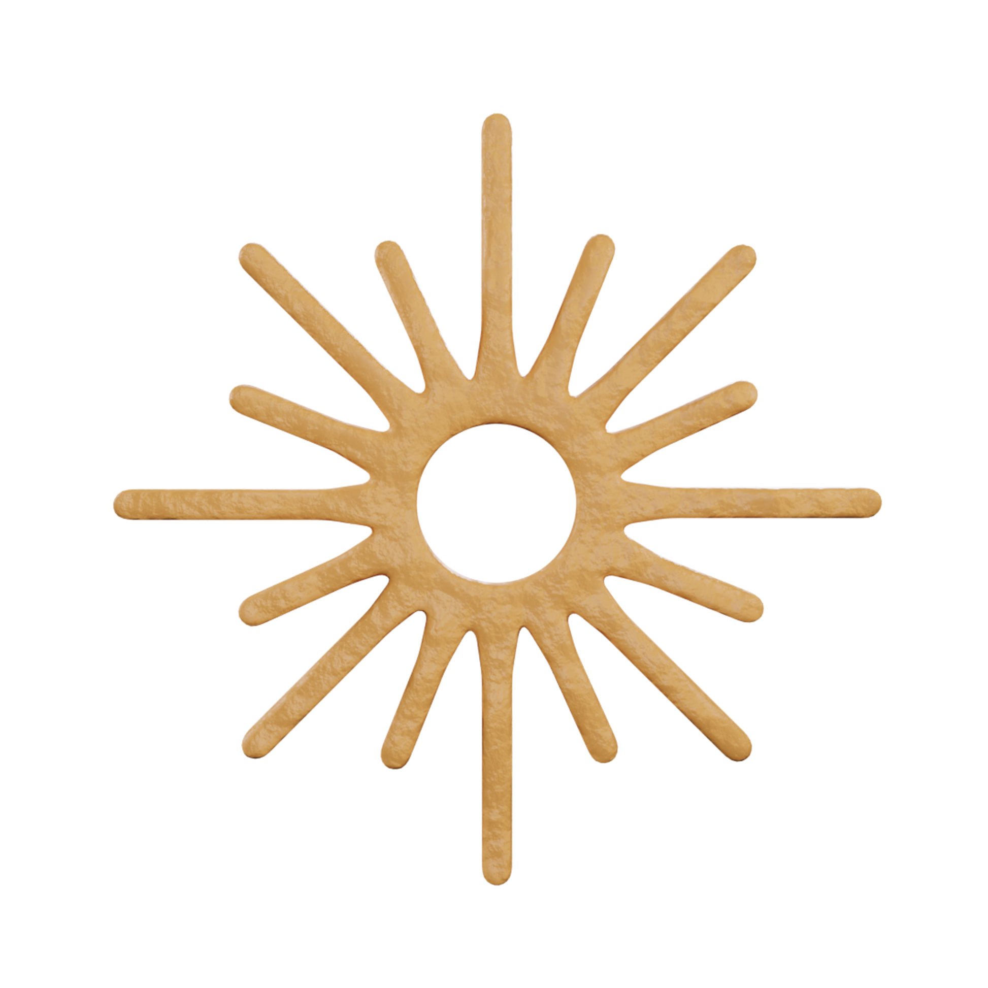 3D render of a baked golden yellow Solar tuile with a sun-like shape and an open center hole, shown as a delicate fine dining pastry element.