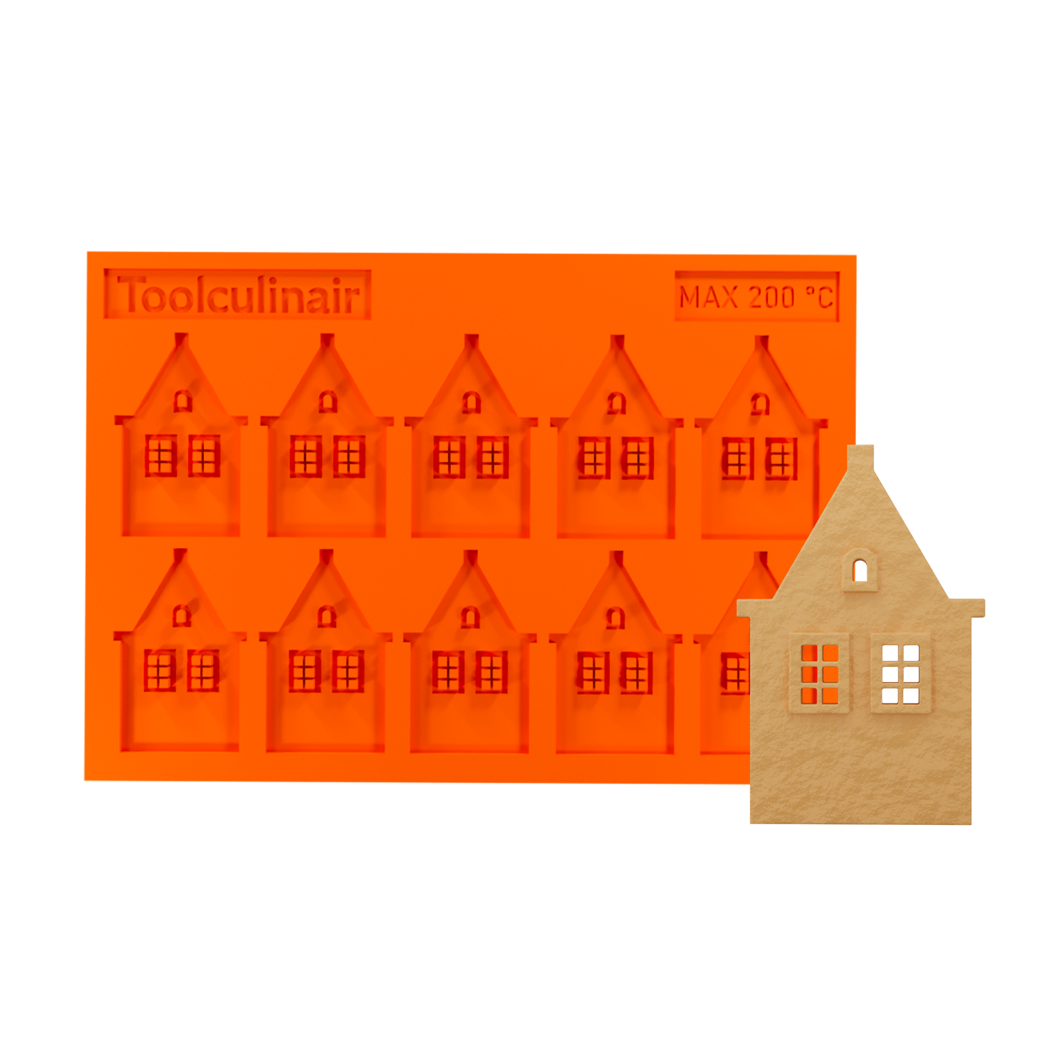 Front side view of the Spout Gable food safe silicone tuile mold designed to create detailed Dutch canal house shaped tuiles for elegant pastry garnishes and themed dessert presentations.