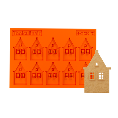 Front side view of the Spout Gable food safe silicone tuile mold designed to create detailed Dutch canal house shaped tuiles for elegant pastry garnishes and themed dessert presentations.