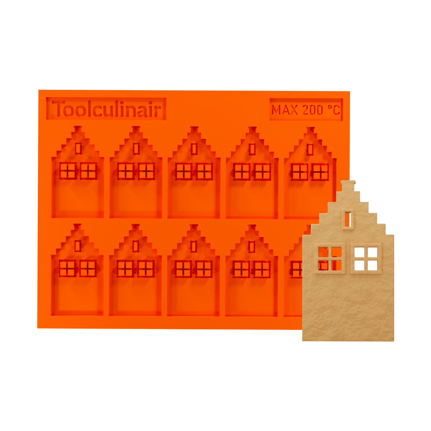 Front side view of the Step Gable food safe silicone tuile mold designed to create intricate Dutch canal house shaped tuiles for refined pastry decoration and elegant dessert plating.