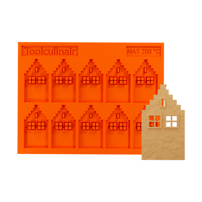 Front side view of the Step Gable food safe silicone tuile mold designed to create intricate Dutch canal house shaped tuiles for refined pastry decoration and elegant dessert plating.
