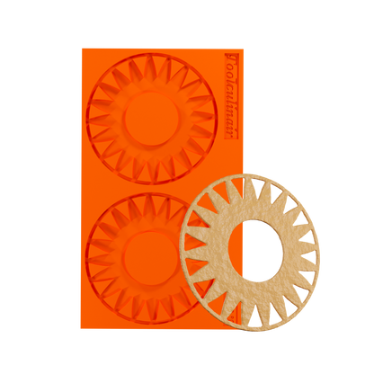 Front view of the Sunburst Ring food safe silicone tuile mold with a matching baked tuile cookie, designed for creating elegant and crispy pastry decorations perfect for gourmet dessert plating.