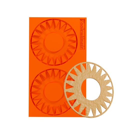 Front view of the Sunburst Ring food safe silicone tuile mold with a matching baked tuile cookie, designed for creating elegant and crispy pastry decorations perfect for gourmet dessert plating.