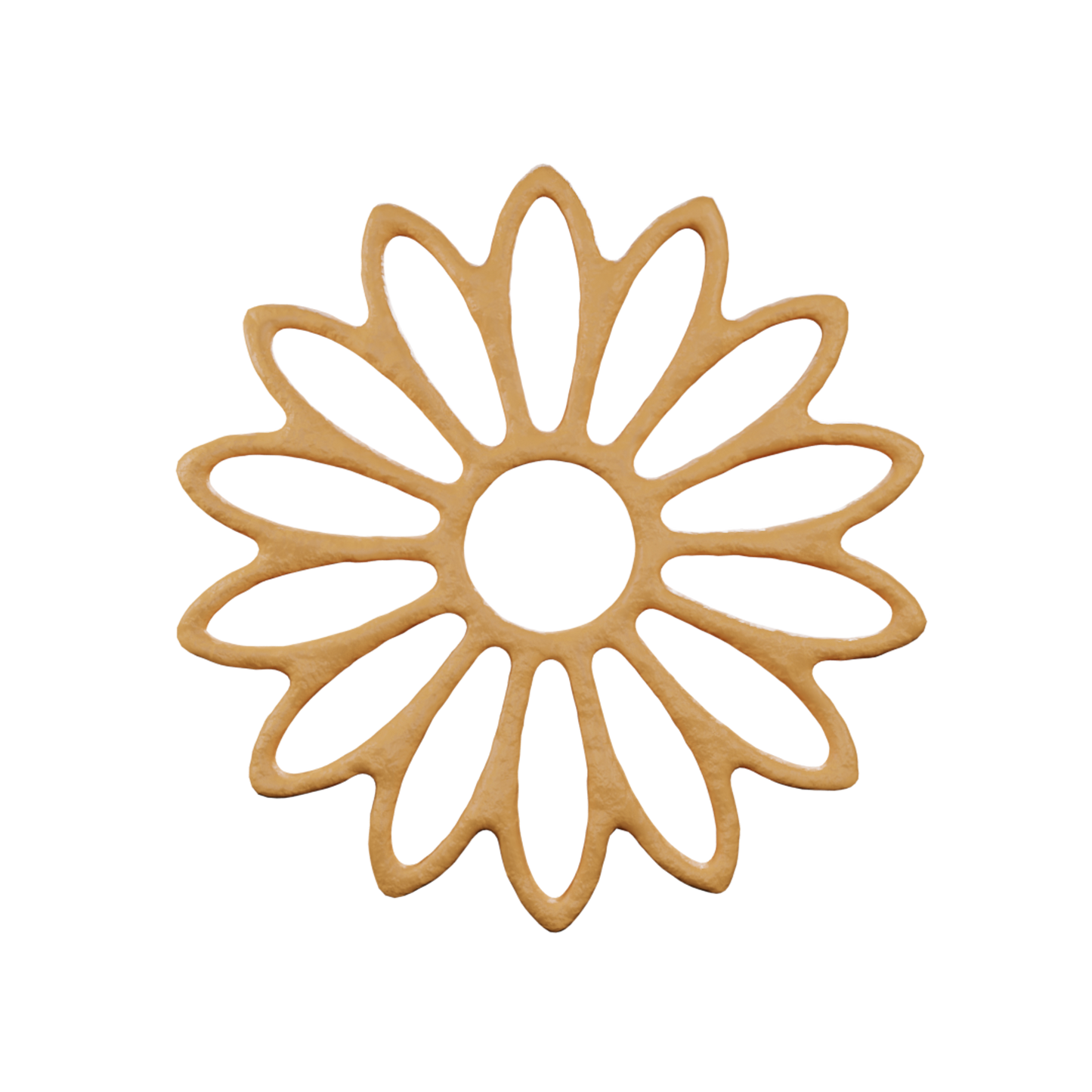 3D render of a baked golden sunflower line art tuile, shown as a delicate fine dining pastry element with an open structured floral design.