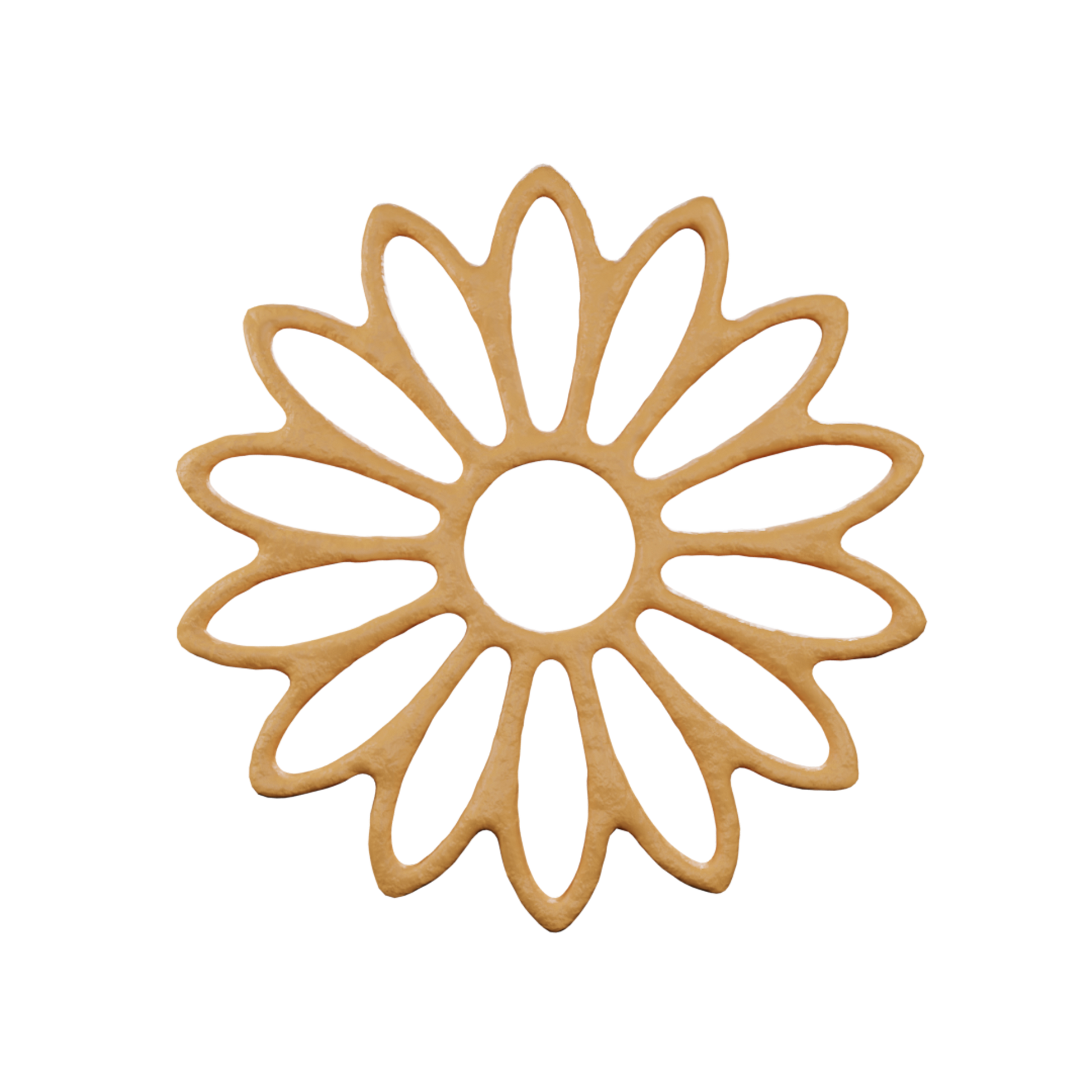 3D render of a baked golden sunflower line art tuile, shown as a delicate fine dining pastry element with an open structured floral design.
