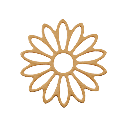 3D render of a baked golden sunflower line art tuile, shown as a delicate fine dining pastry element with an open structured floral design.