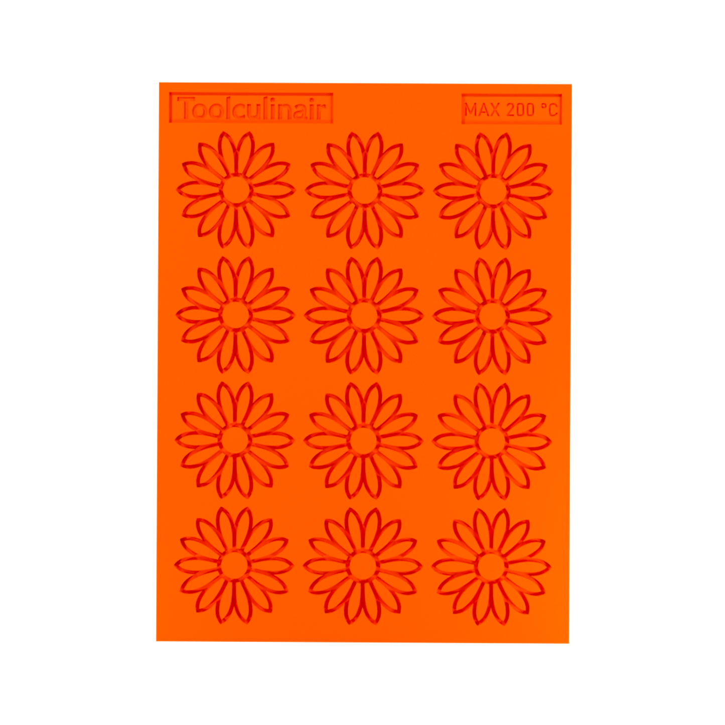 3D render of an orange Toolculinair silicone sunflower line art tuile mold with visible logo, shown in a clean product view without any tuile inside the mold cavity.