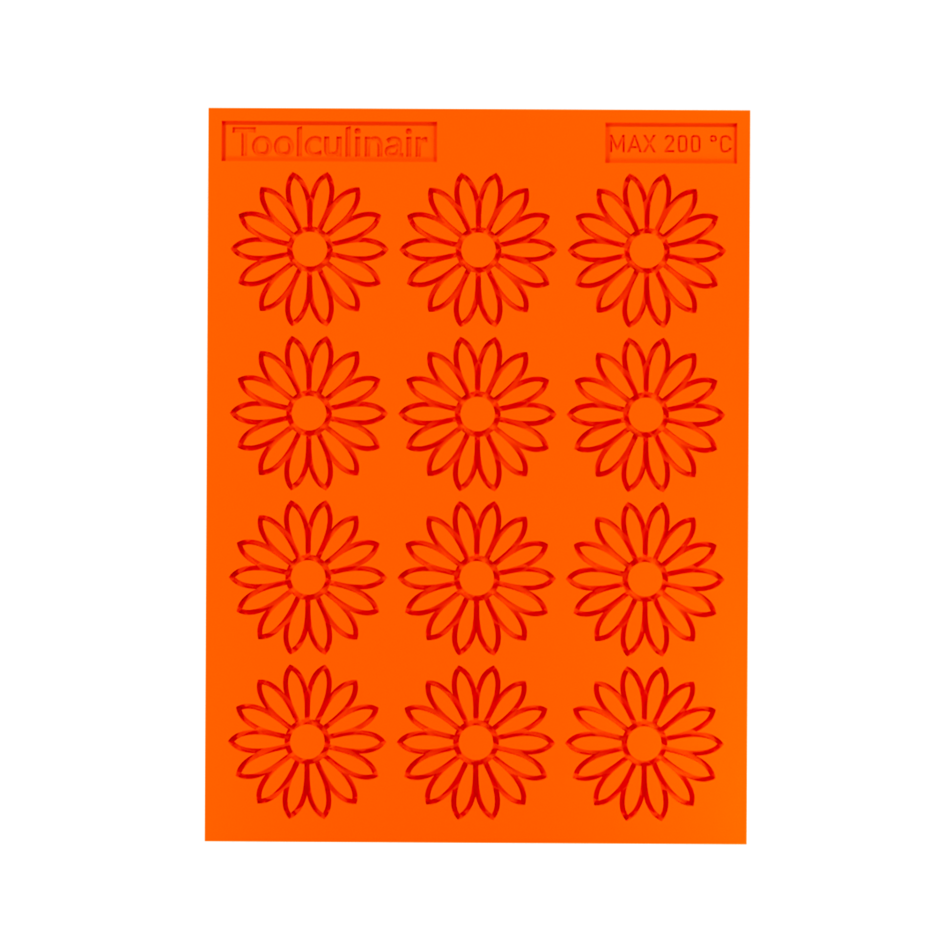 3D render of an orange Toolculinair silicone sunflower line art tuile mold with visible logo, shown in a clean product view without any tuile inside the mold cavity.