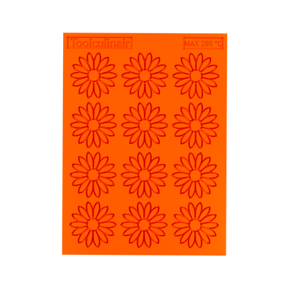 3D render of an orange Toolculinair silicone sunflower line art tuile mold with visible logo, shown in a clean product view without any tuile inside the mold cavity.