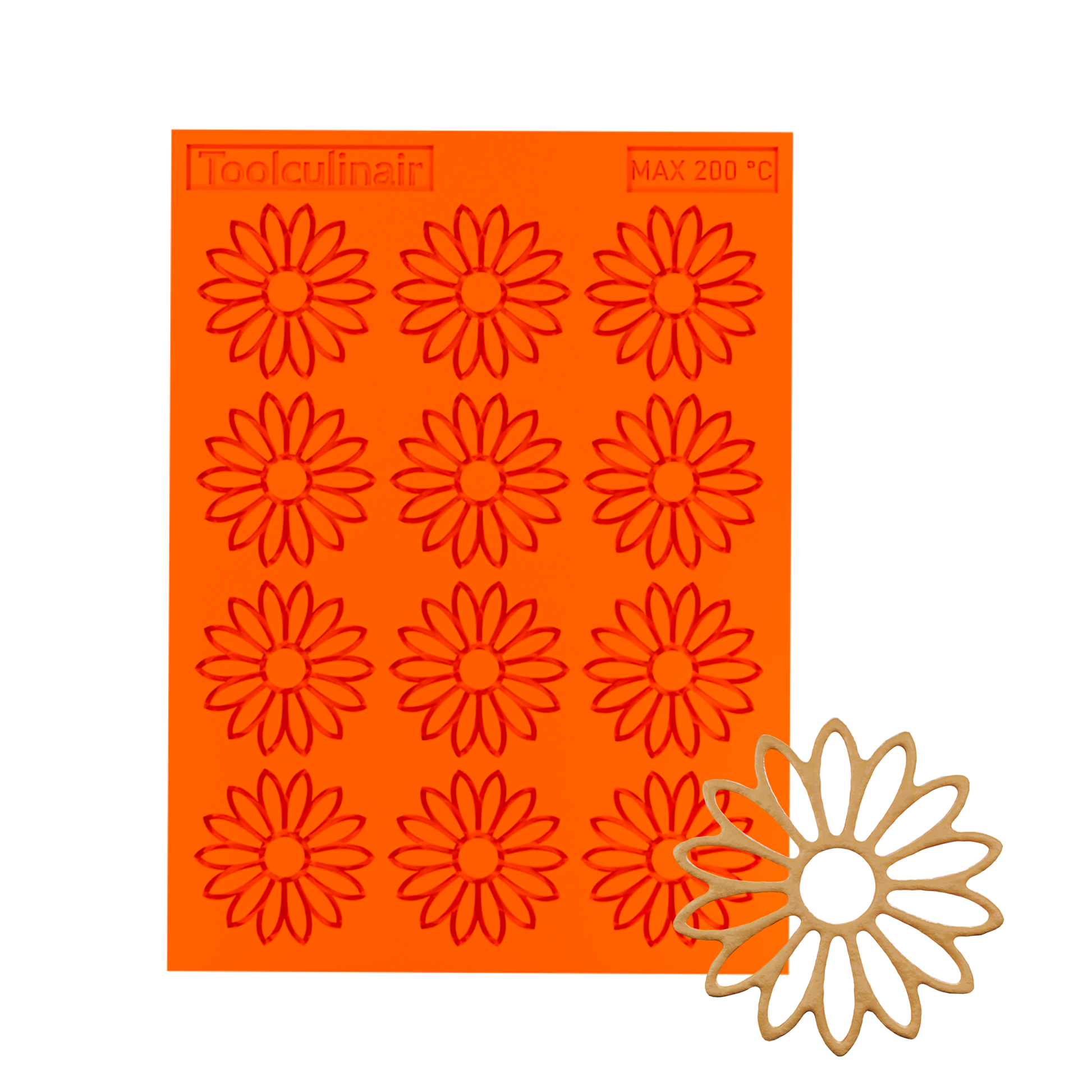 3D render of an orange Toolculinair silicone sunflower line art tuile mold with visible logo, showing a sample tuile in the bottom right corner representing the final shape after demolding.