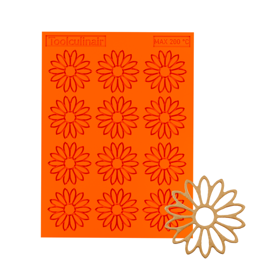 3D render of an orange Toolculinair silicone sunflower line art tuile mold with visible logo, showing a sample tuile in the bottom right corner representing the final shape after demolding.
