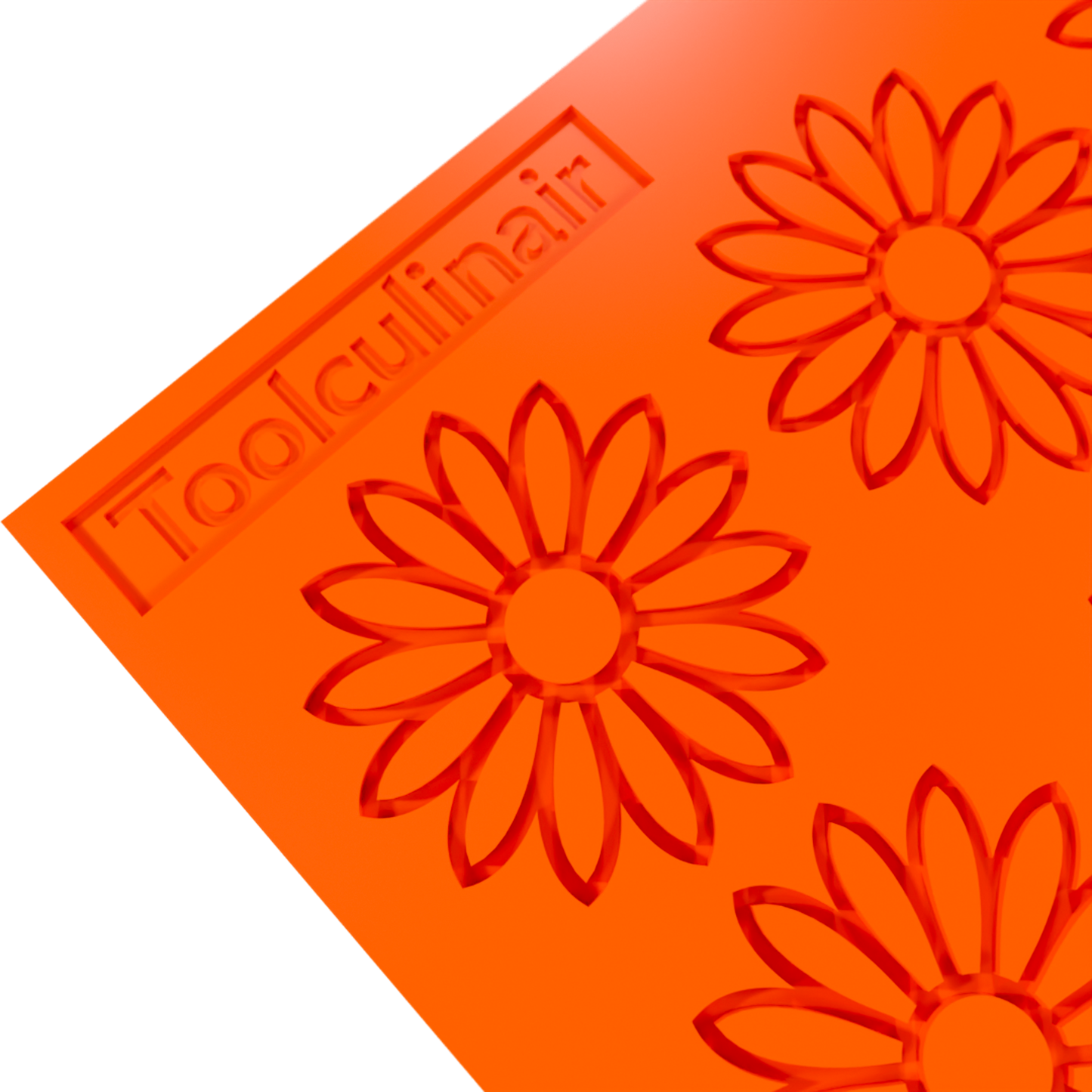 Close-up 3D render of an orange Toolculinair silicone sunflower line art tuile mold, showing a detailed corner view with the Toolculinair logo visible on the mold surface.