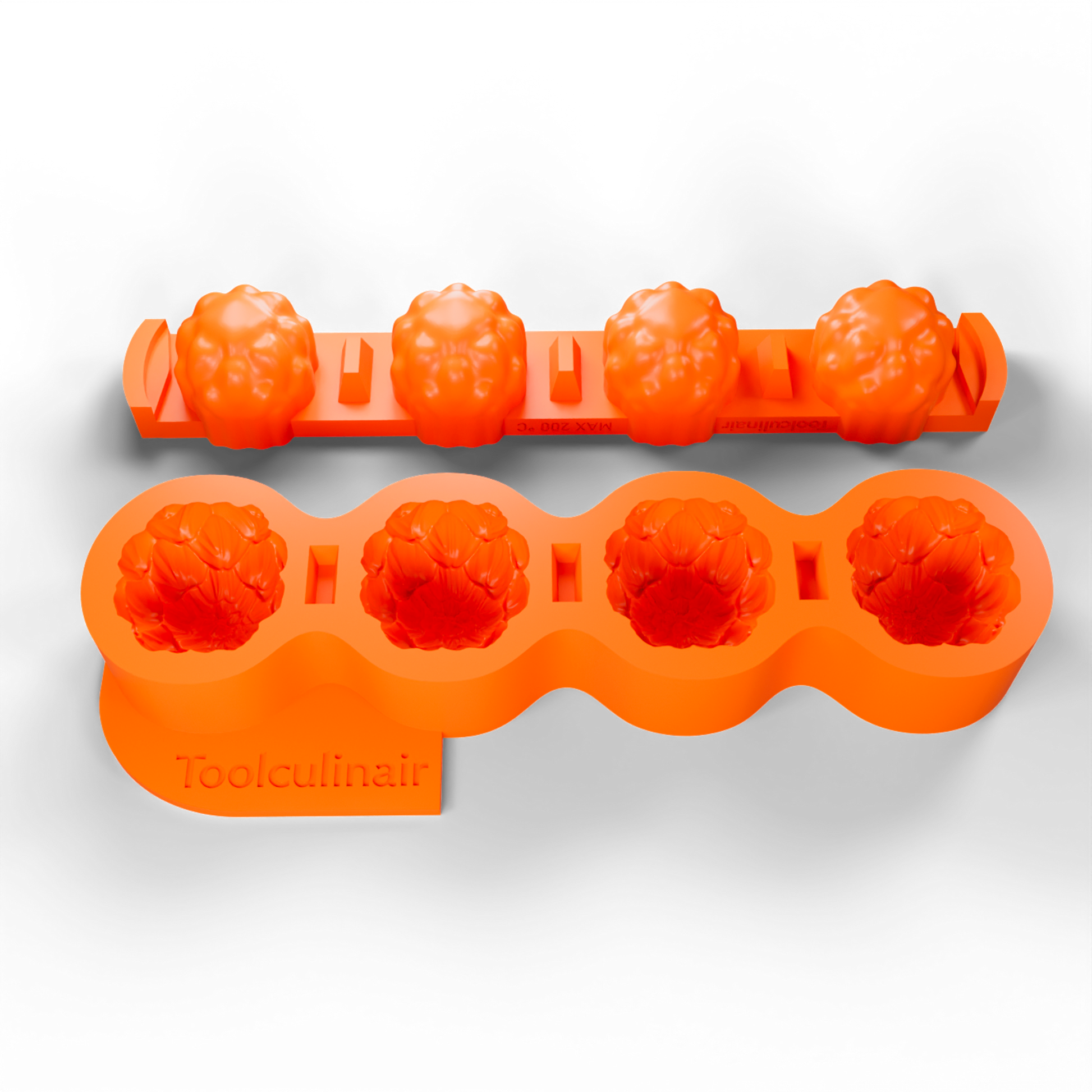 3D render of a two-part orange silicone mold placed side by side in a slightly angled top view, featuring the Toolculinair logo during product visualization.