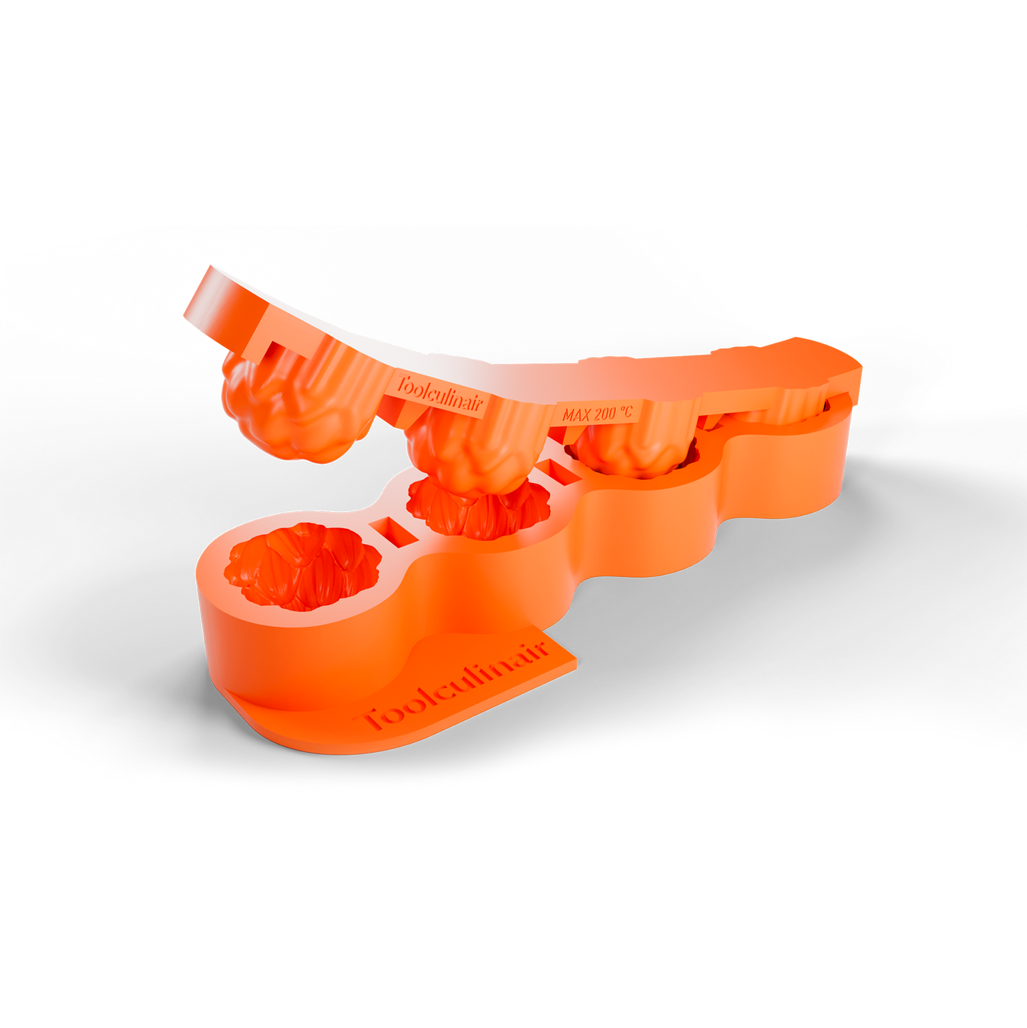 3D render of an orange Toolculinair artichoke dome silicone mold showing the unmolding process, with the top part being lifted upward to reveal how the shape is released, including visible Toolculinair logo.