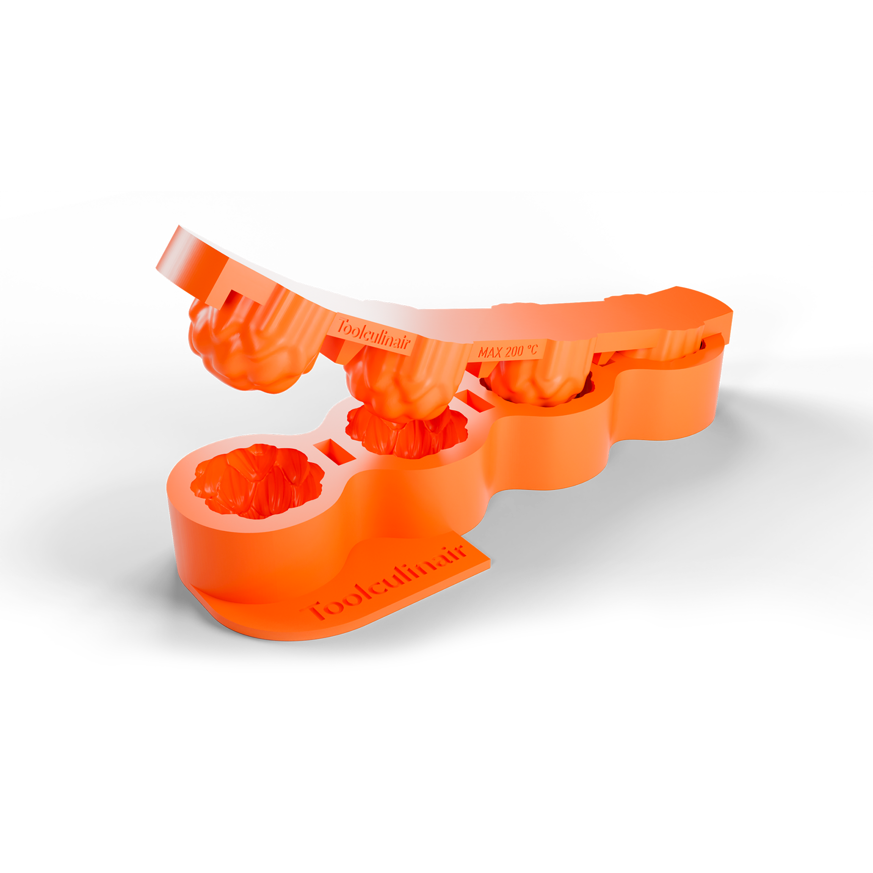 3D render of an orange Toolculinair artichoke dome silicone mold showing the unmolding process, with the top part being lifted upward to reveal how the shape is released, including visible Toolculinair logo.