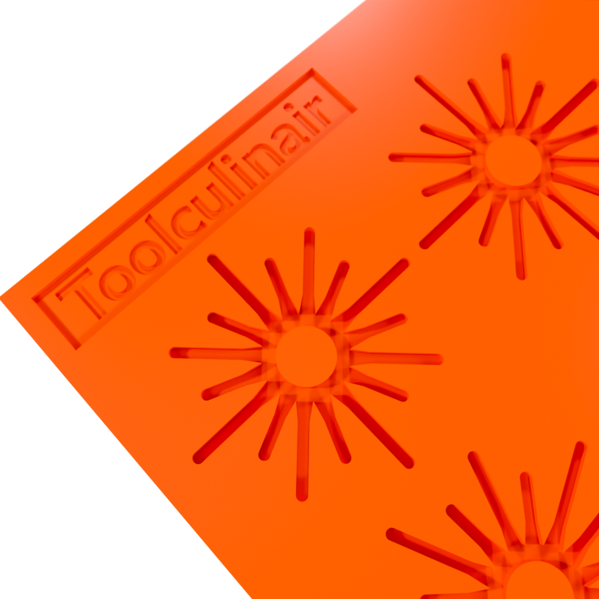 Close-up 3D render of an orange Toolculinair silicone Solar tuile mold shown from an angled view, highlighting the mold surface and visible Toolculinair logo without any tuile inside.