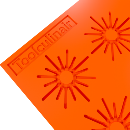 Close-up 3D render of an orange Toolculinair silicone Solar tuile mold shown from an angled view, highlighting the mold surface and visible Toolculinair logo without any tuile inside.