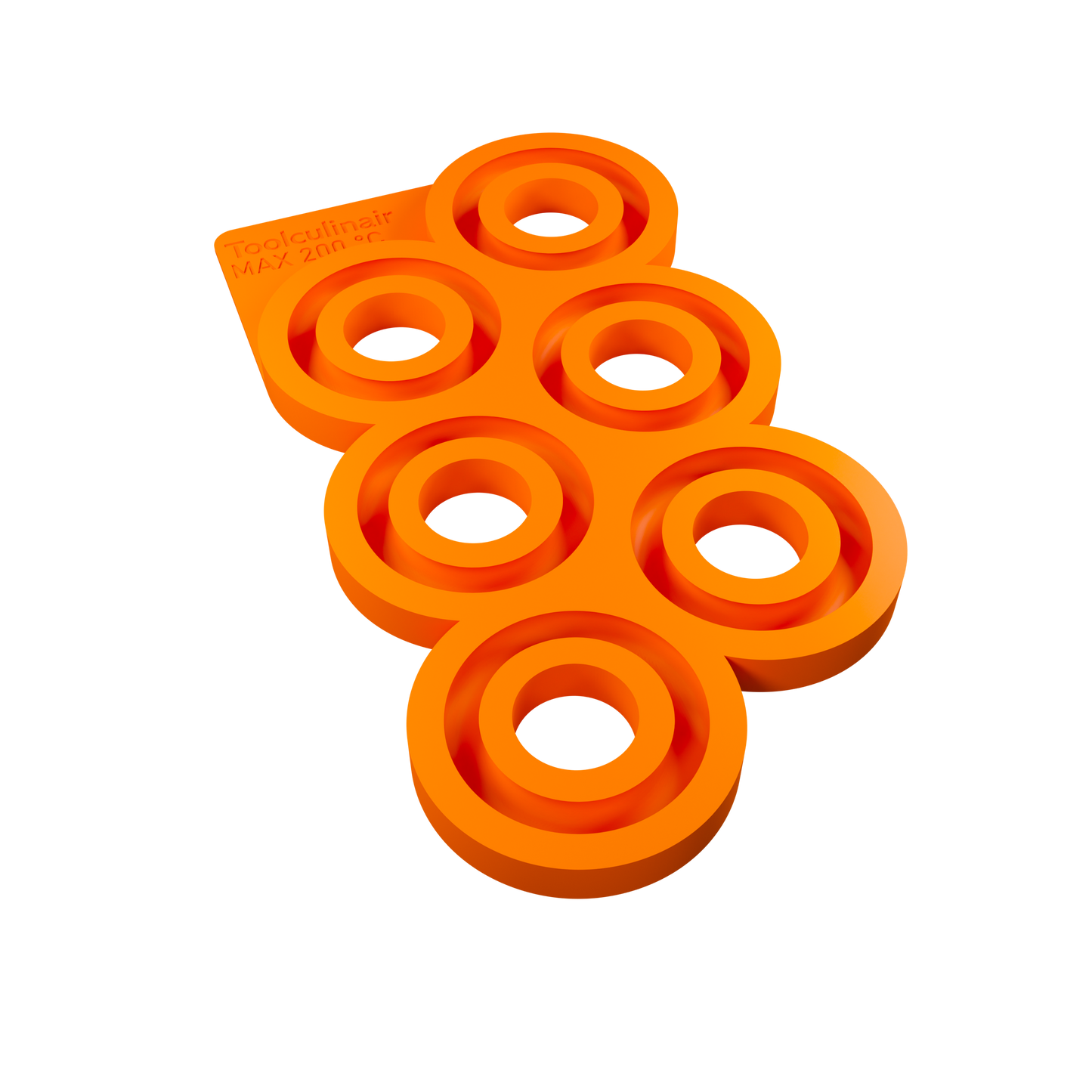 Front view of the Torus 6 cm food safe silicone 3D mold with six ring shaped cavities, ideal for crafting refined sweet and savory pastry decorations for appetizers and main courses.